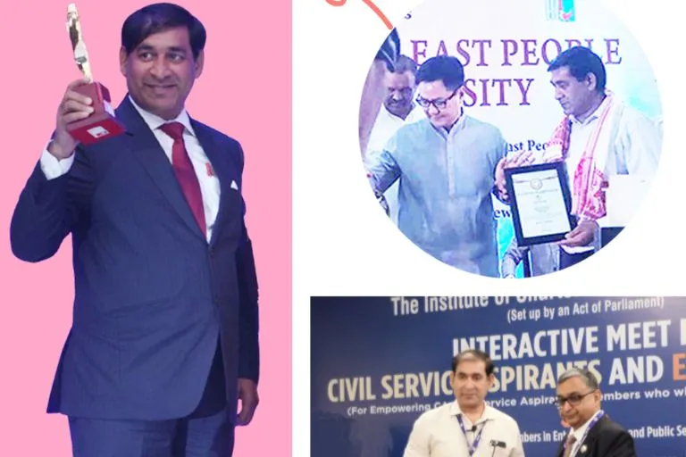 Union Minister Kiren Rijiju presenting an award to Bibhash Sharma, Senior Sociology Mentor at Elite IAS, for being best coaching for sociology optional