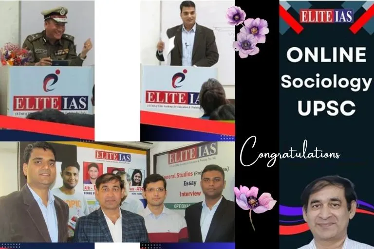 Bibhash Sharma with Robin Hibu IPS, Special Commissioner Delhi Police, and UPSC achievers Ashutosh Dwivedi IAS, Kuldeep Dwivedi IRS-IT, and Nikhil Pathak IPS at Elite IAS best Sociology Optional coaching online event